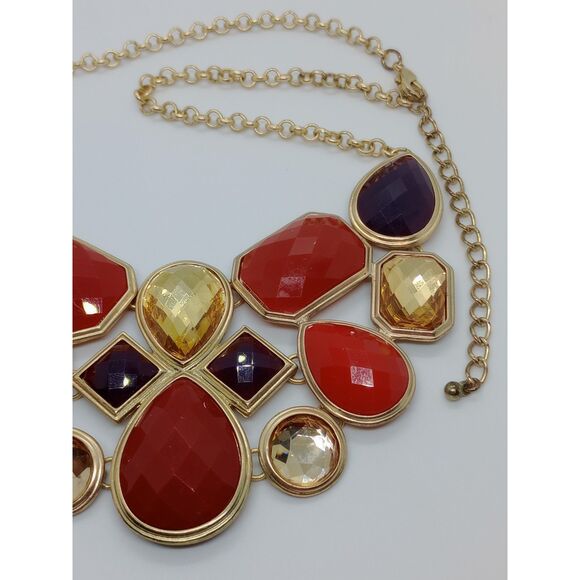 Red Brown Gold Tone Faceted Rhinestone 18-21" Chain Statement Necklace - Picture 5 of 6